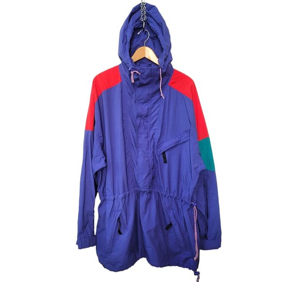 Vintage 90s Eddie Bauer Windbreaker Blue Colorblock Hooded Jacket XL - Picture 2 of 12